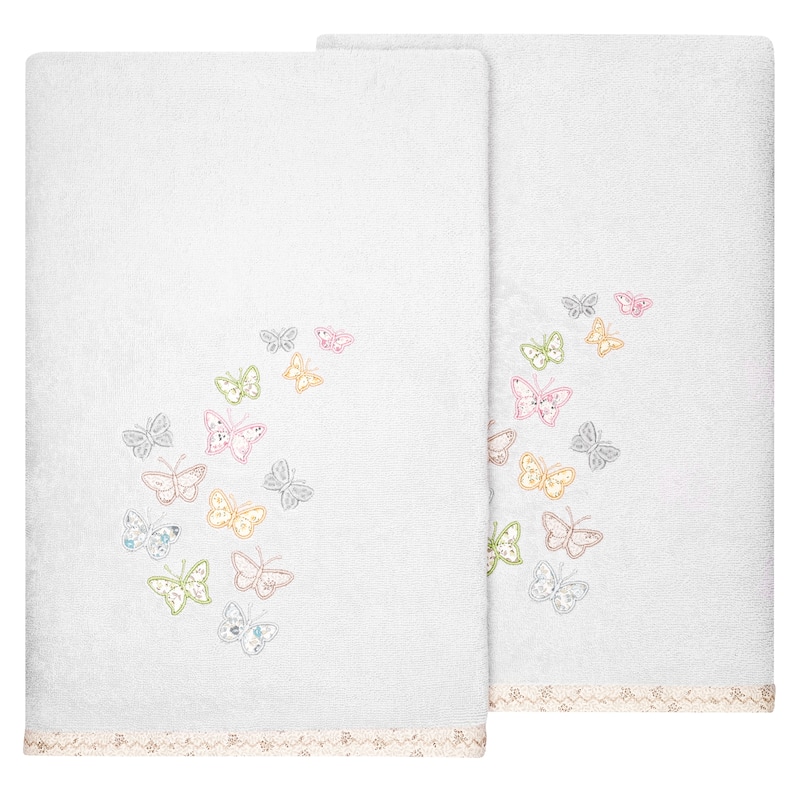 Authentic Hotel and Spa 100% Turkish Cotton Mariposa 2PC Embellished Bath Towel Set - Silver