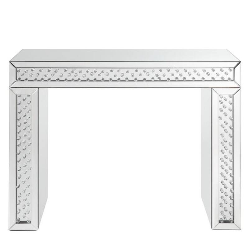 Mirror Accented Wood And Glass Vanity Desk With Faux Crystal Inlay, Silver