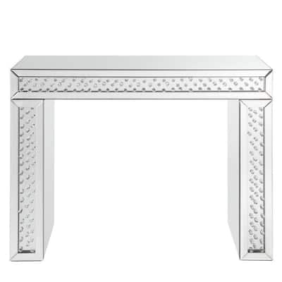 Mirror Accented Wood And Glass Vanity Desk With Faux Crystal Inlay, Silver