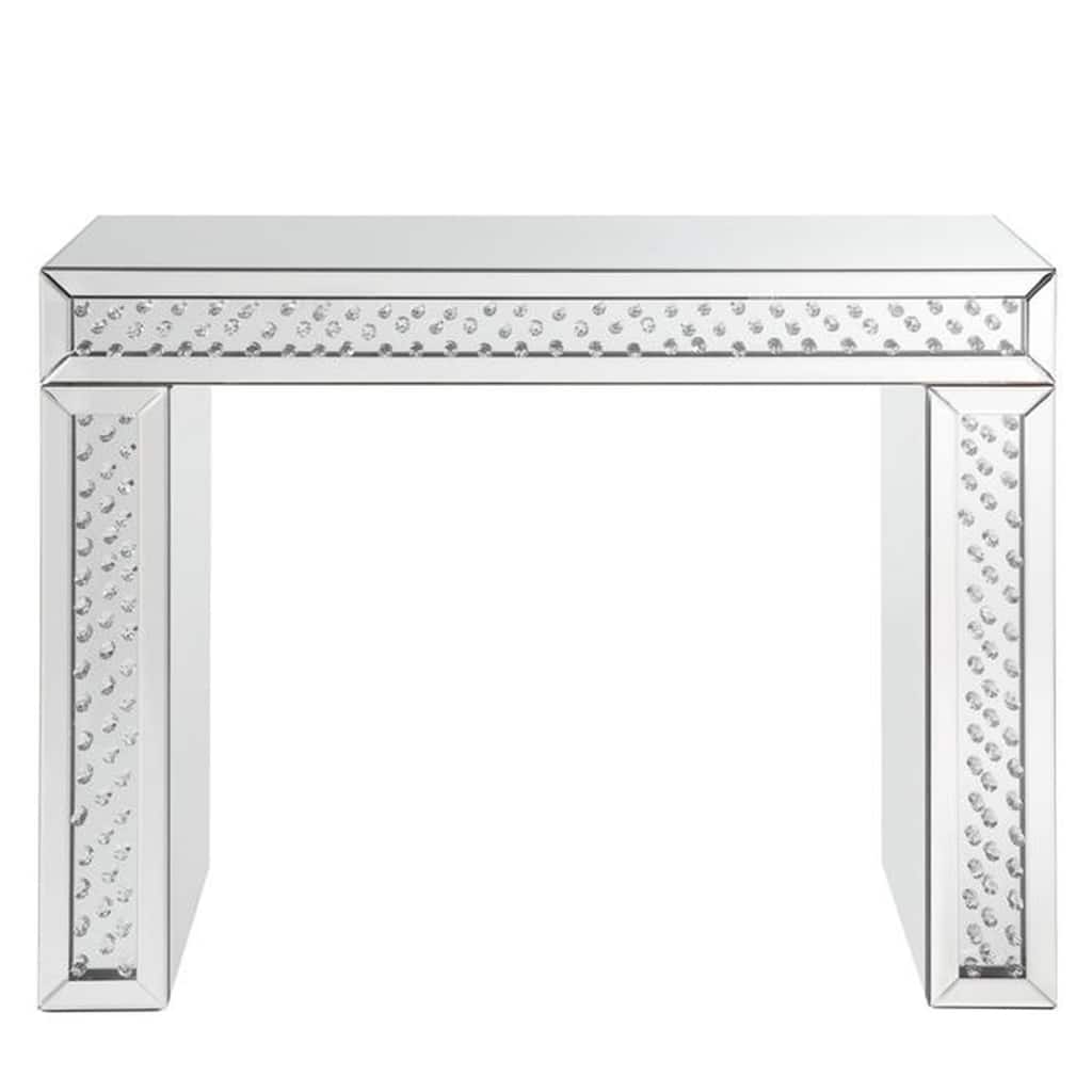 Mirror Accented Wood And Glass Vanity Desk With Faux Crystal Inlay, Silver