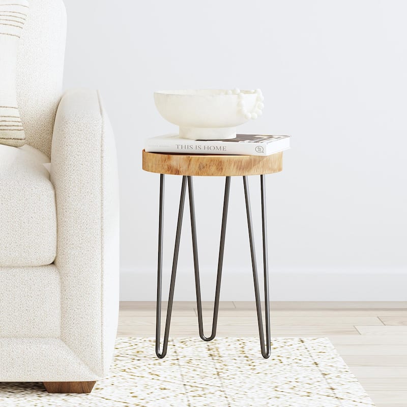 Cross-Cut Wood Slab Side Table With Iron Legs by East at Main