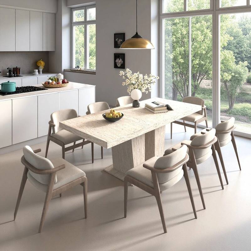 Wood Extendable Dining Table for 6-10 Person, Large Rectangle Expanding Dining Table with Black Double Pedestal Base