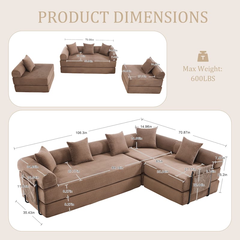 HOMEFUN Corduroy Upholstered Convertible Folding Sofa Bed with Fixed Frame and Pillow Back Handrail