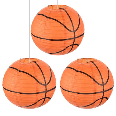 3 Pcs Basketball Paper Lanterns Round Hanging Chinese/Japanese Decor - Orange