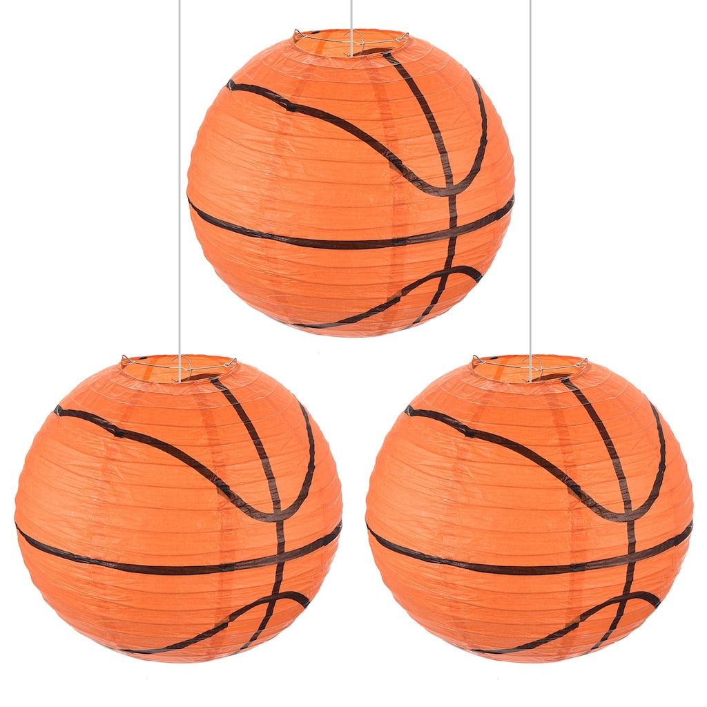 3 Pcs Basketball Paper Lanterns Round Hanging Chinese/Japanese Decor - Orange