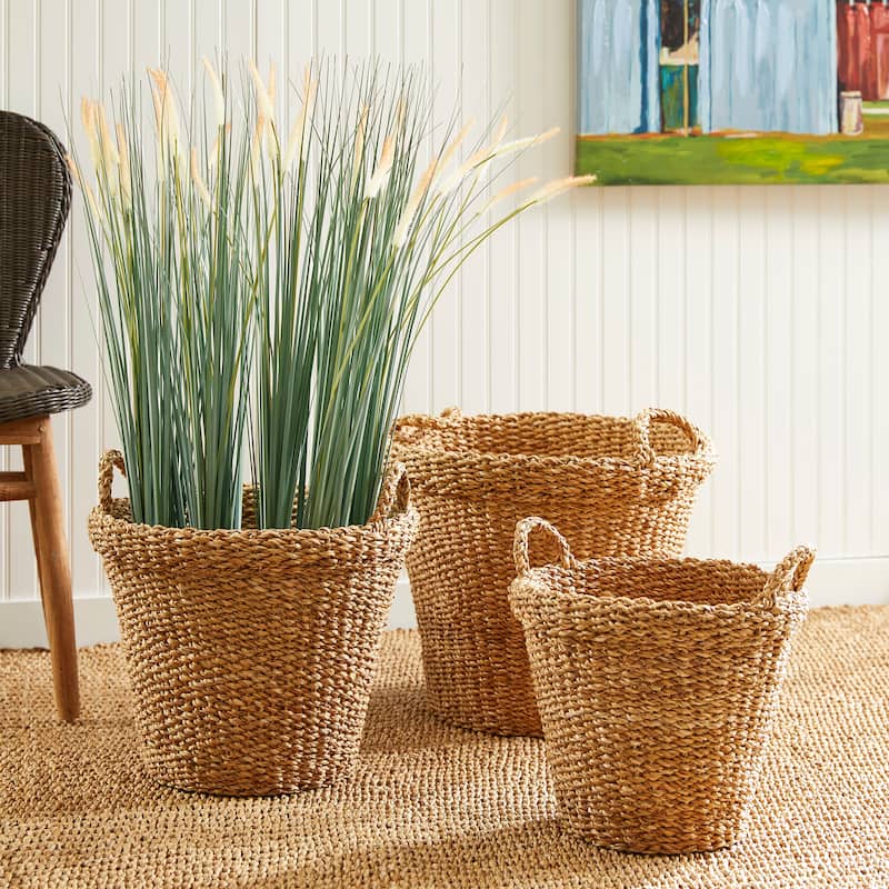 Seagrass Tapered Baskets With Handles And Cuffs, Set Of 3