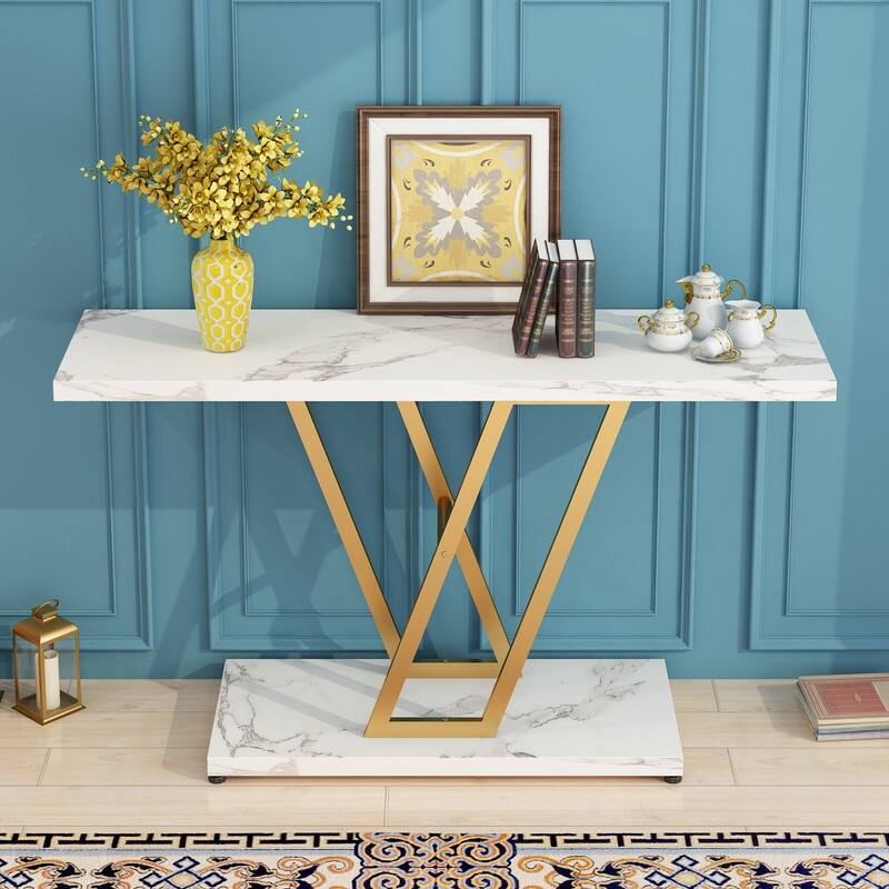 V Metal Leg Gold/White 42 Inch Entryway Tables Console Table
