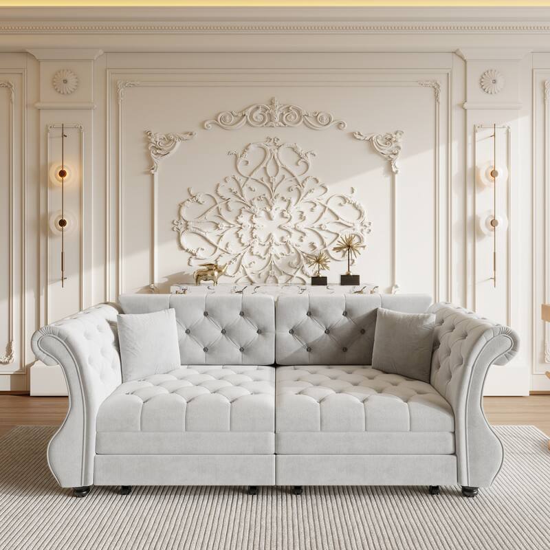 Anmytek Oversized Chesterfield Pull Out Sofa Bed Classic Roll Arm Velvet Couch in Light Grey