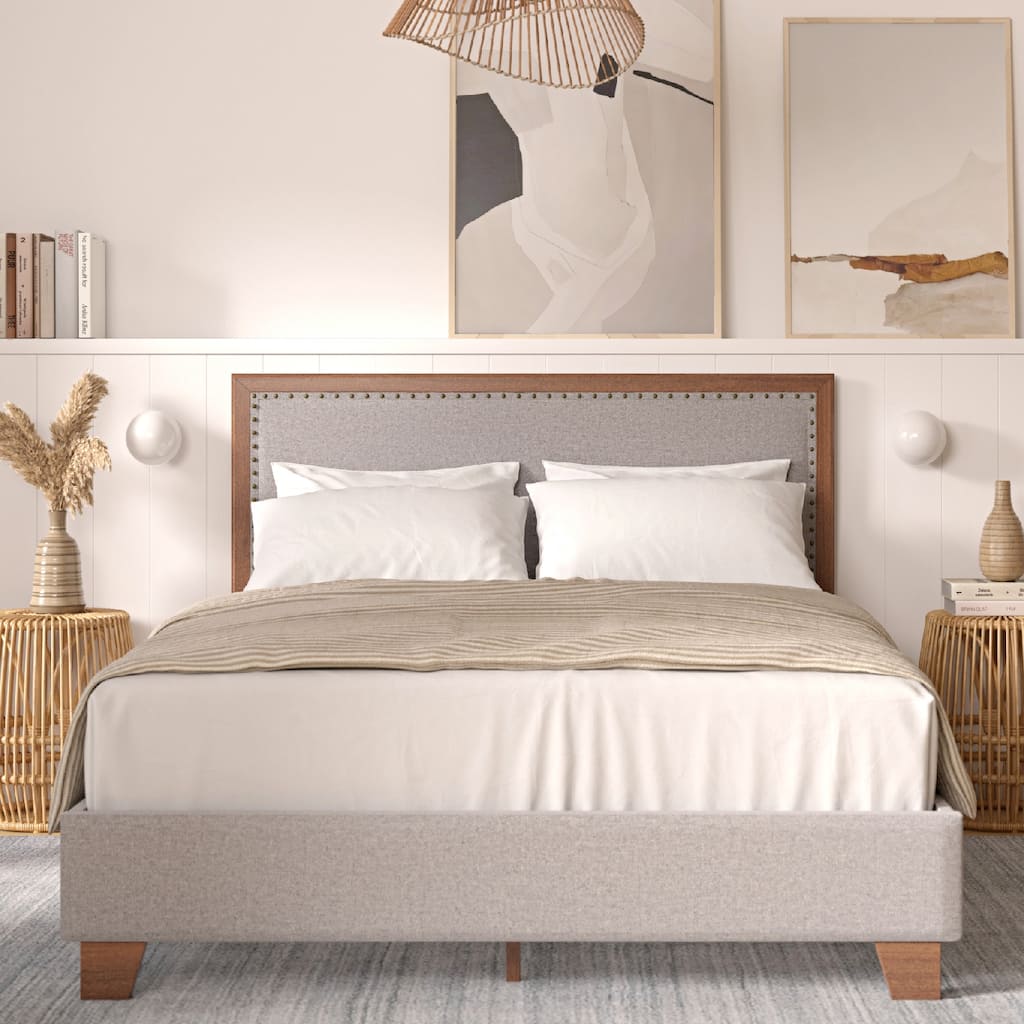 Toni Queen Fabric Upholstered Platform Bed Frame, Nail Head Boarder, Walnut Finish