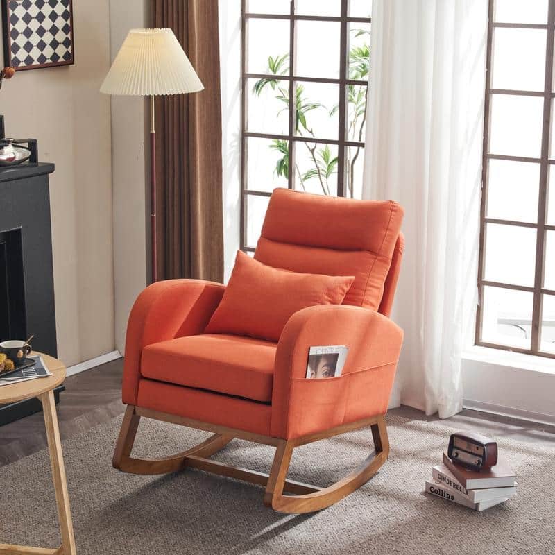 Accent Rocking Chair, Upholstered Nursery Glider Rocker, Orange and White