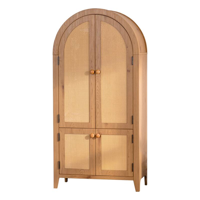 Farmhouse Arched Pantry Cabinet with Rattan Doors & Adjustable Shelves, 63'' Freestanding Storage Cupboard