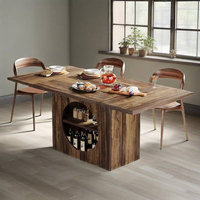 Brown Rectangular Dining Table with 2 Tier Storage Seats 4 to 6 Modern Wood Dining Table for Home - 62.2" x 31.1" x 29.53"
