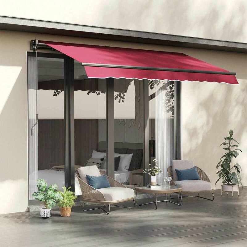 10' x 8' Retractable Patio Awning, Manual Crank, UV Waterproof Fabric - Wine Red