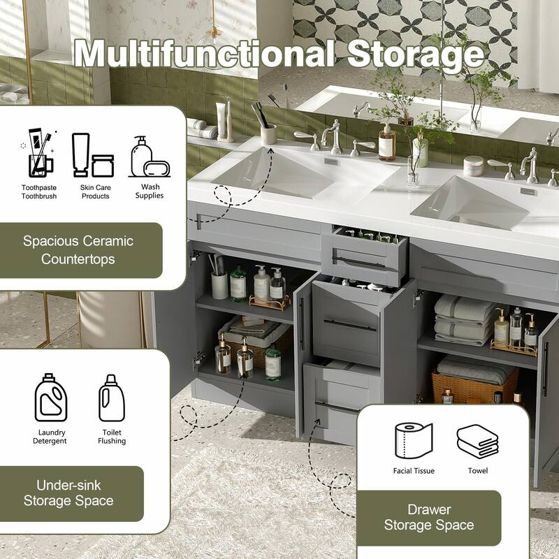59.3" Double Sink Bathroom Vanity with SMC Top, MDF Cabinet with Solid Wood Frame & Soft-Close Doors