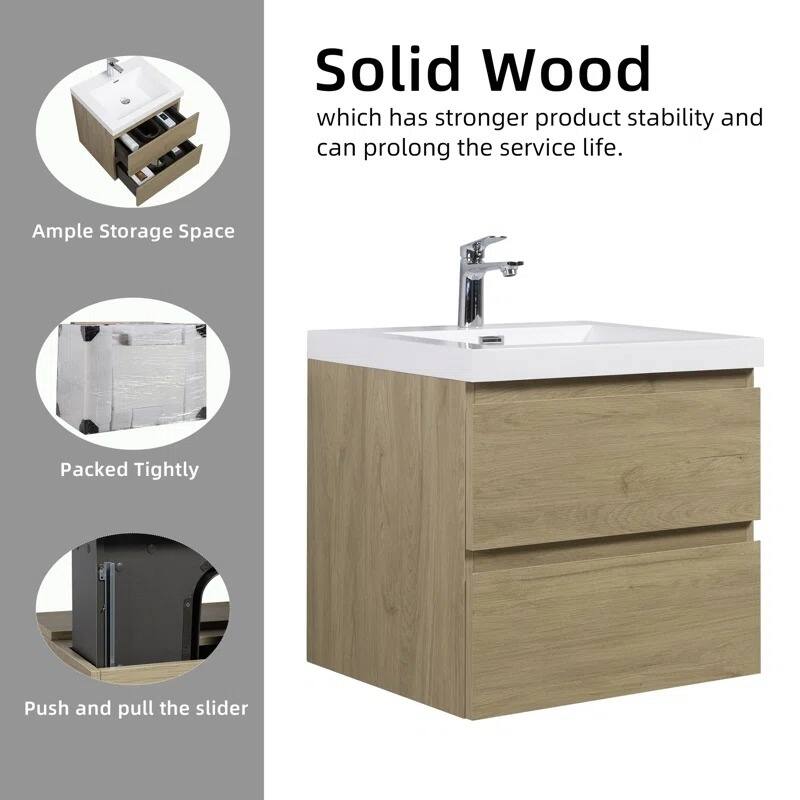 ABRUZZO 24" Floating Single Bathroom Vanity Wall-Mounted with Integrated Resin Top Basin 2 Soft Close Drawers Full Assembly