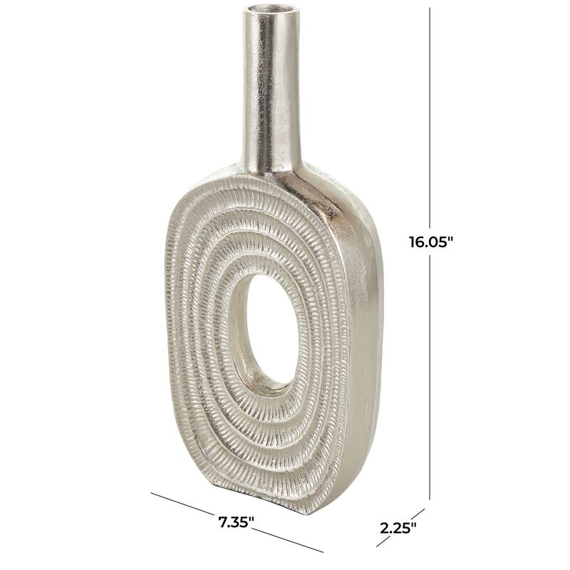Silver Aluminum Metal Circular Geometric Vase with Linear Etchings