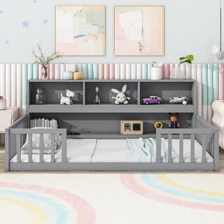 Grey Twin Size Pine Wood Floor Bed with Bedside Bookcase and Guardrails