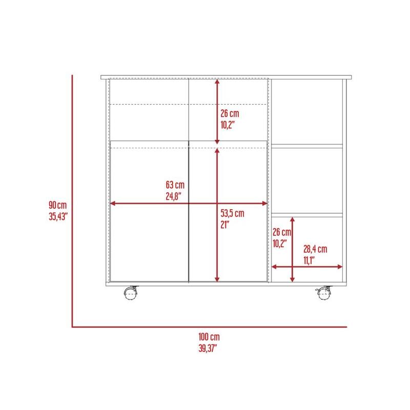 Kitchen cart 35" H, Four Open Shelves, Double Door Cabinet, Four Casters - Light Oak/White