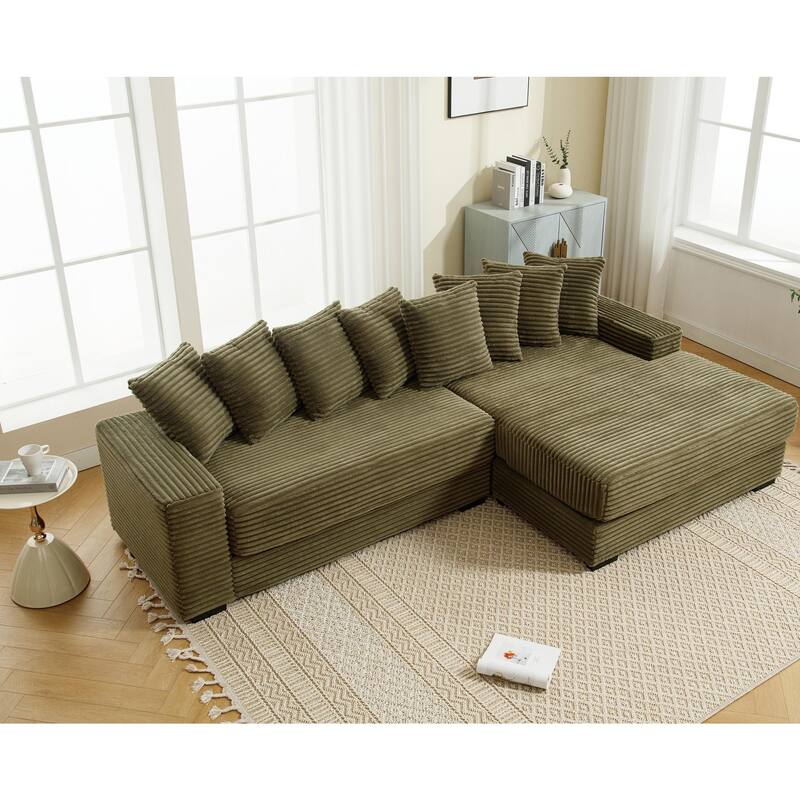 Oversized Two-Piece L Shaped Corduroy Sofa with Right Chaise Daybed, Eight Throw Pillows, Green