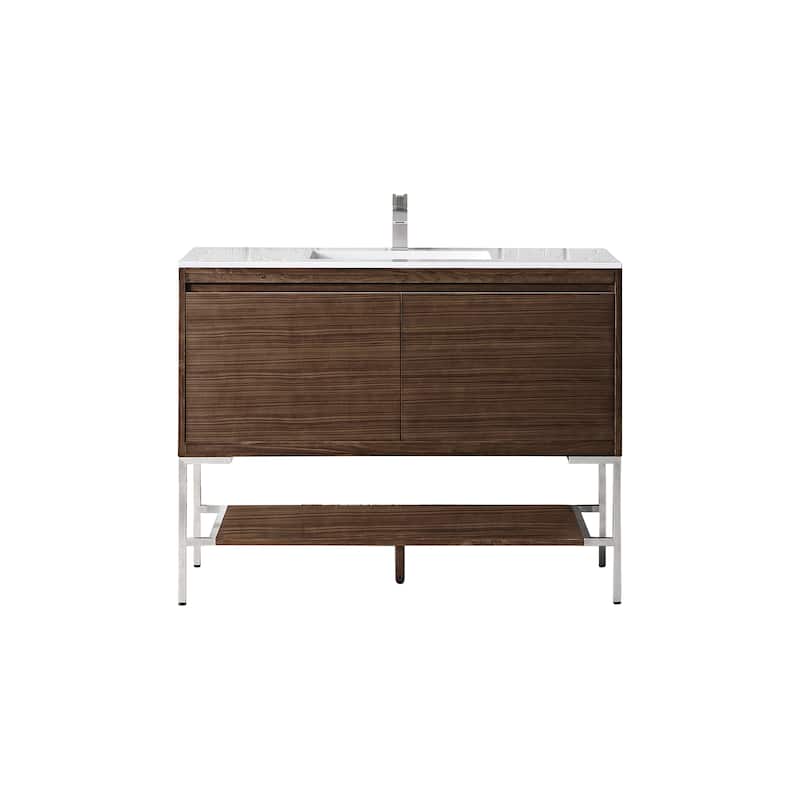 James Martin Vanities Mantova 47.3" Single Vanity Cabinet, Mid-Century Walnut - Brushed Nickel Base, Glossy White Top