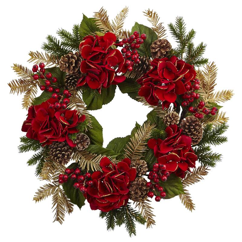 Hydrangea, Pine Cone & Berry Artificial Christmas Wreath, 24-"