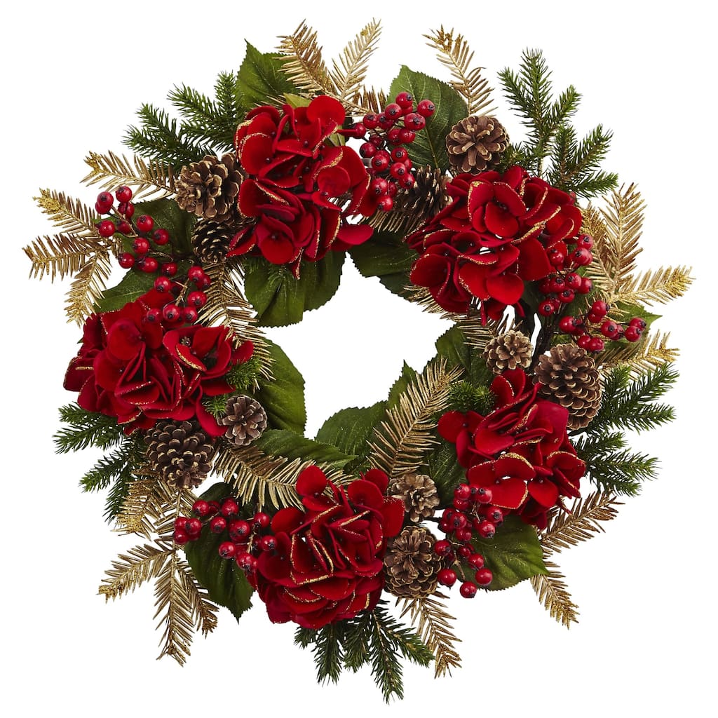 Hydrangea, Pine Cone & Berry Artificial Christmas Wreath, 24-"