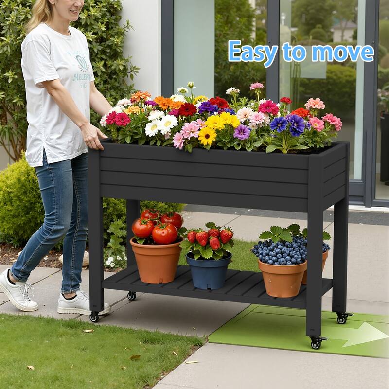 Raised Garden Bed with Trellis for Climbing Plants,Outdoor with Drainage Plug and Gauge DustProof Resin for Garden Backyard