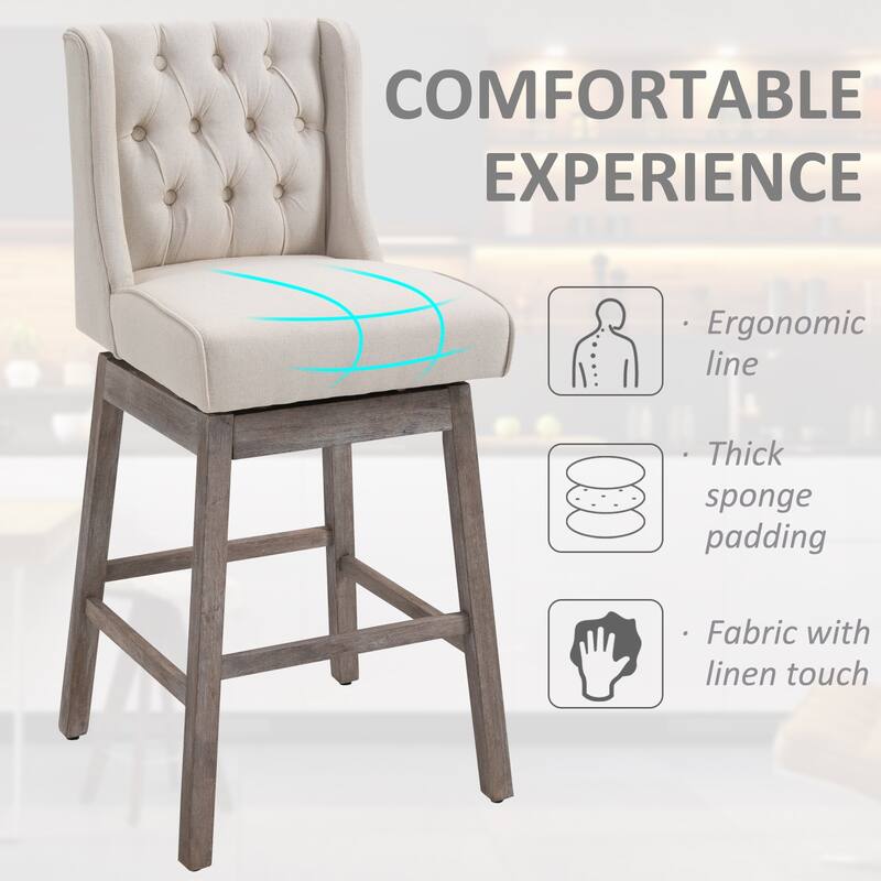 HOMCOM 2 Piece Bar Height Chair Swivel Barstool with Integrated Footrest, Solid Wood Design, and a 180 Degree Rotation, Beige