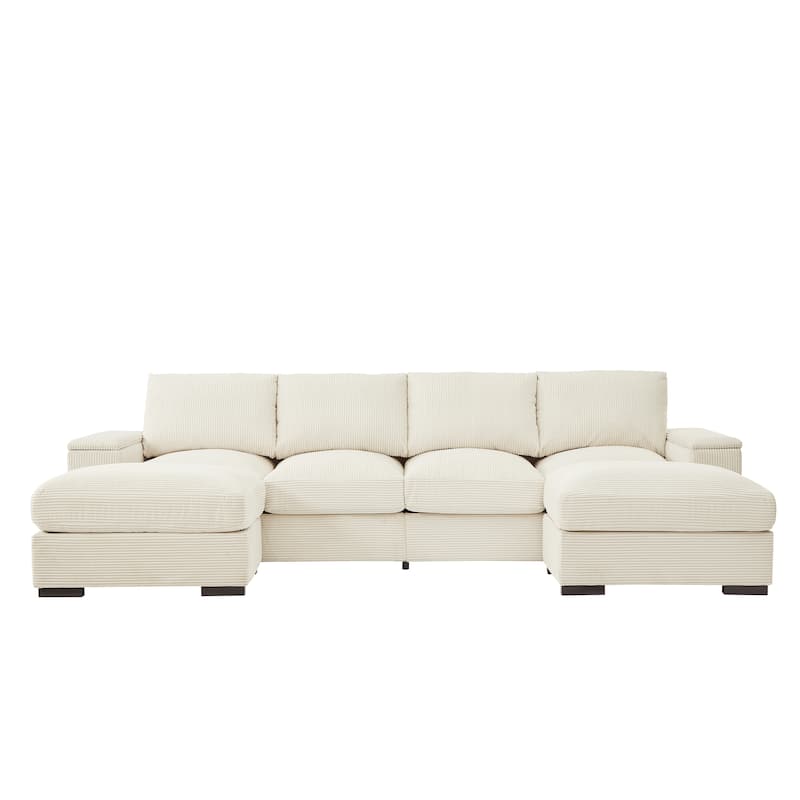 U-Shaped Sectional Sofa with 2 Movable Ottomans, Comfy Corduroy Upholstered 4 Seater Sofa, Lounge Sofa with Storage Armrests