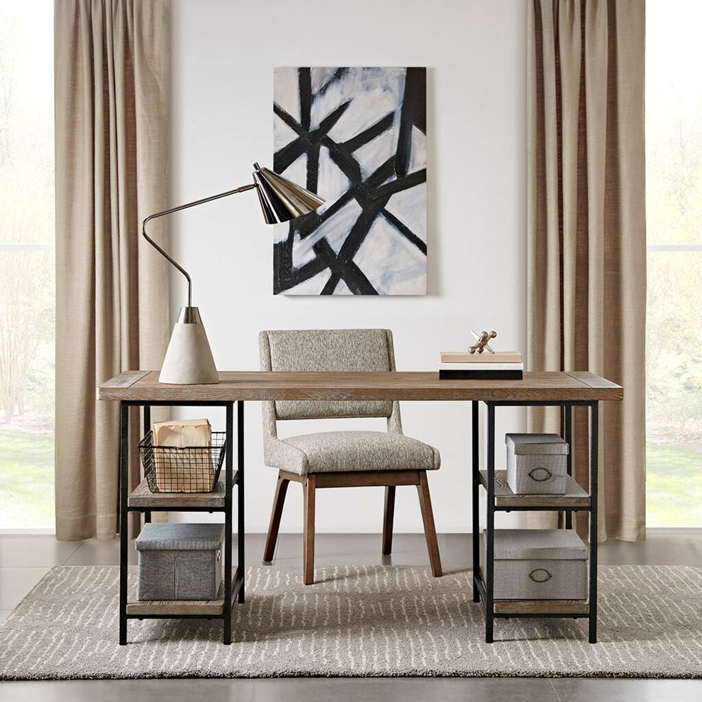 Roomfitters 60-Inch Industrial Accent Desk, Reclaimed Gray Wood Finish with Side Shelving and Black Metal Base