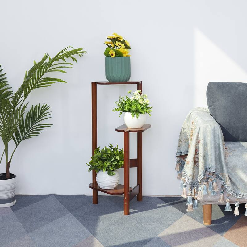 3 Tiers Ladder Triple Plant Stand Corner Bamboo Plant Shelf Rack
