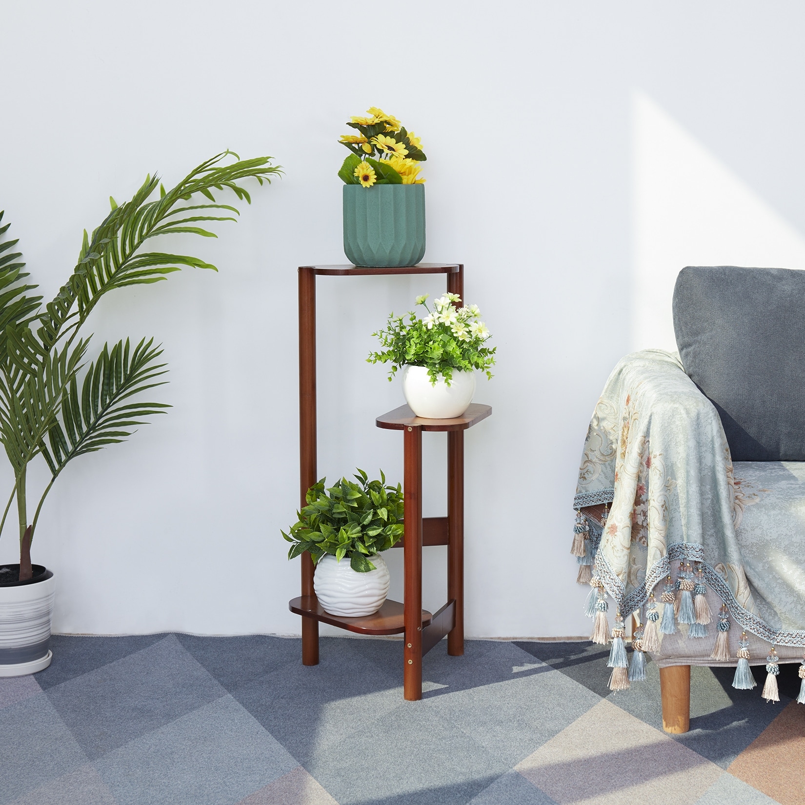 3 Tiers Ladder Triple Plant Stand Corner Bamboo Plant Shelf Rack