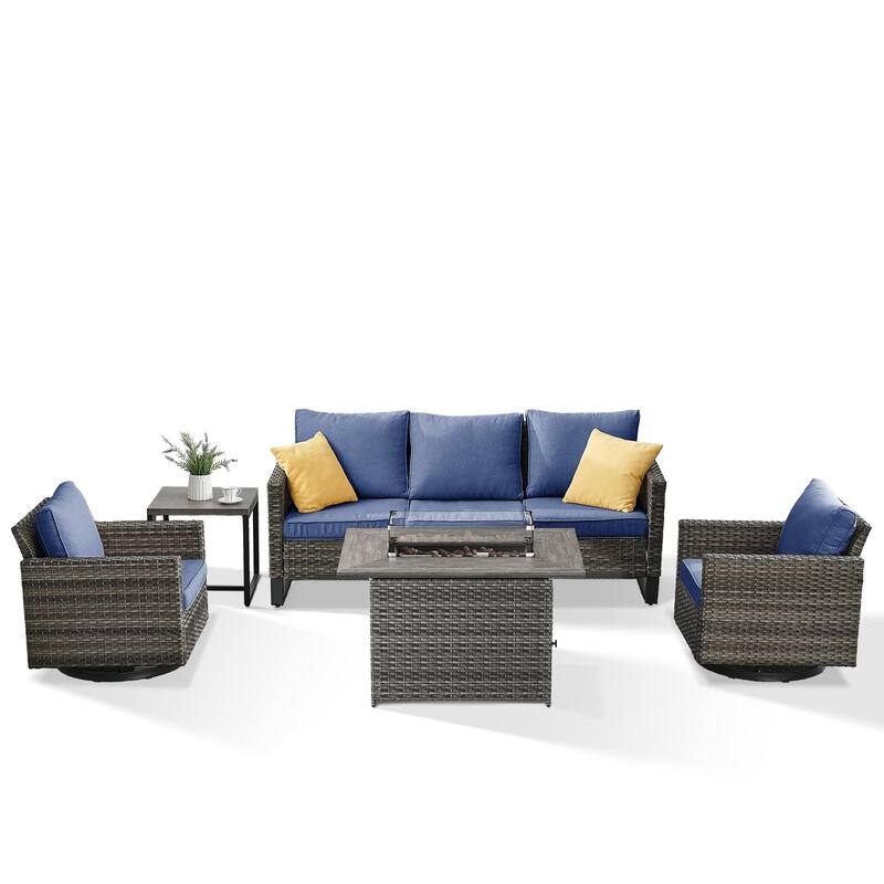 Outdoor Sofa Glider Chairs & Fire Table Grey-Blue - Grey