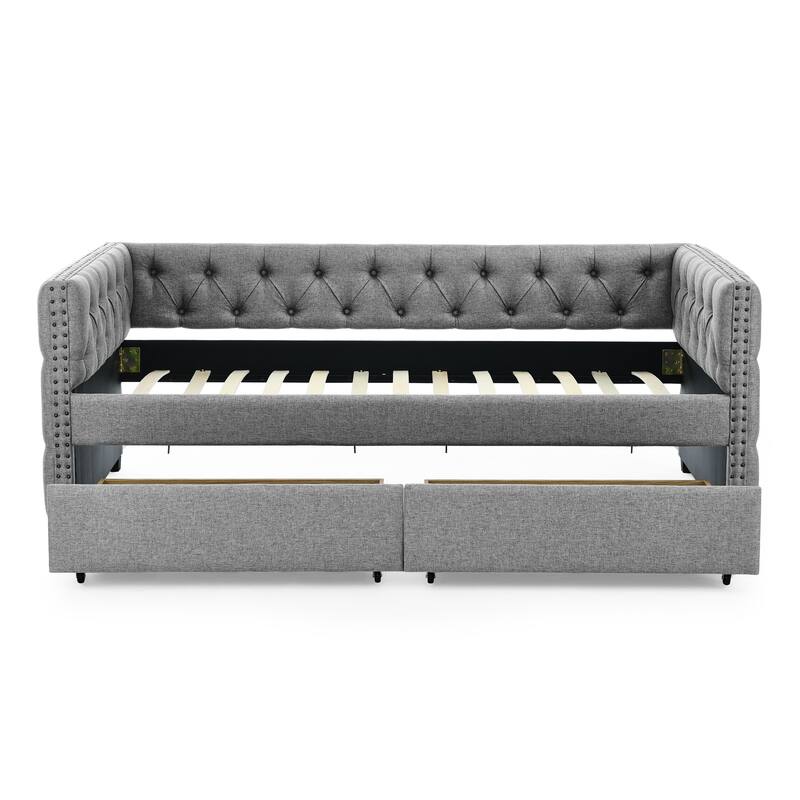 Tufted Daybed Upholstered Frame Sofa Bed with Button Copper Nail on Square Arms, and Pull-out Trundle Bed or Storage Drawers