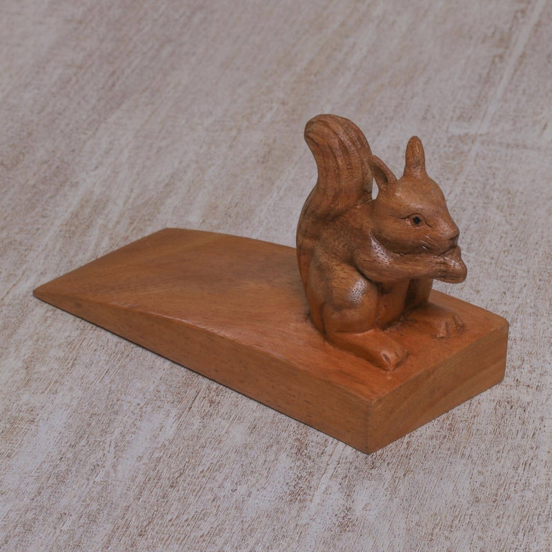 Novica Handmade Helpful Squirrel In Brown Wood Doorstop