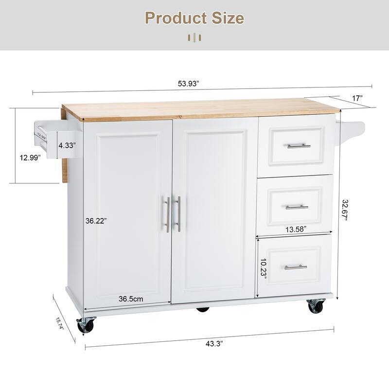 Kitchen Island Cart with Rubber Wood Table Top, 3 Spacious Drawers, Adjustable Cabinet Shelf & Movable Spice Rack
