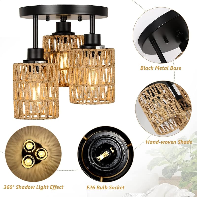 Farmhouse LED Rattan Pendant Lights,Boho Chandelier Light Fixture,Rustic Wicker Hand Woven Rope Cage Basket Pendant Hanging