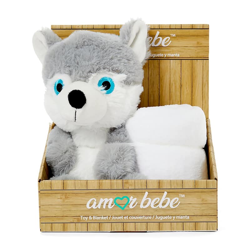Boys and Girls Plush Gray Wolf With Blanket