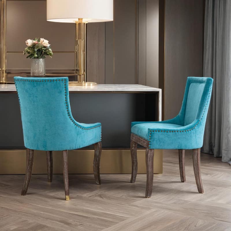 Dining Chair，Thickened fabric chairs with neutrally toned solid wood legs， Bronze nail head，Set of 2