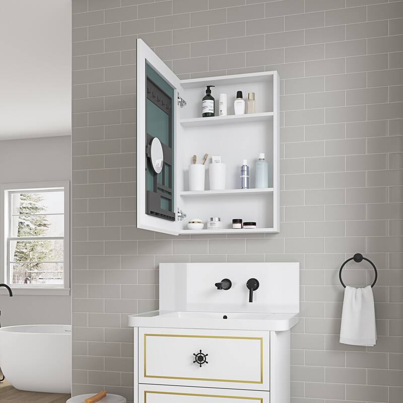 Wall Mounted Bathroom Medicine Cabinet with HD Mirror, Recessed or Surface Mount, Storage for Cosmetics & Personal Care - 30X20 in Left door - White + Engineered Wood