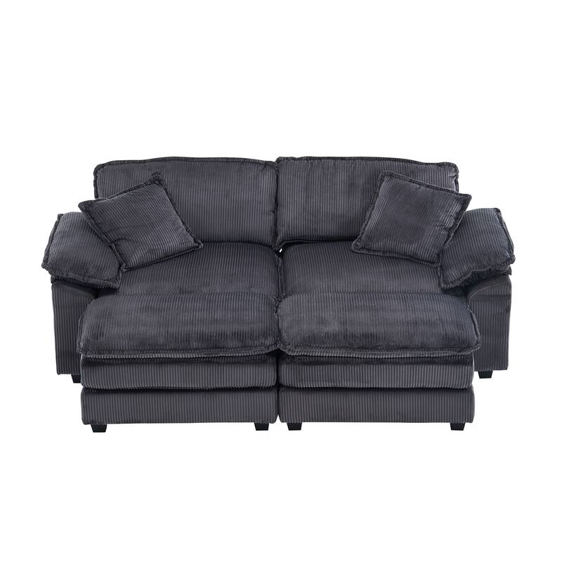 84.6" Corduroy 2-seats sofa With 2 back pillows,2 toss pillows and two ottoman