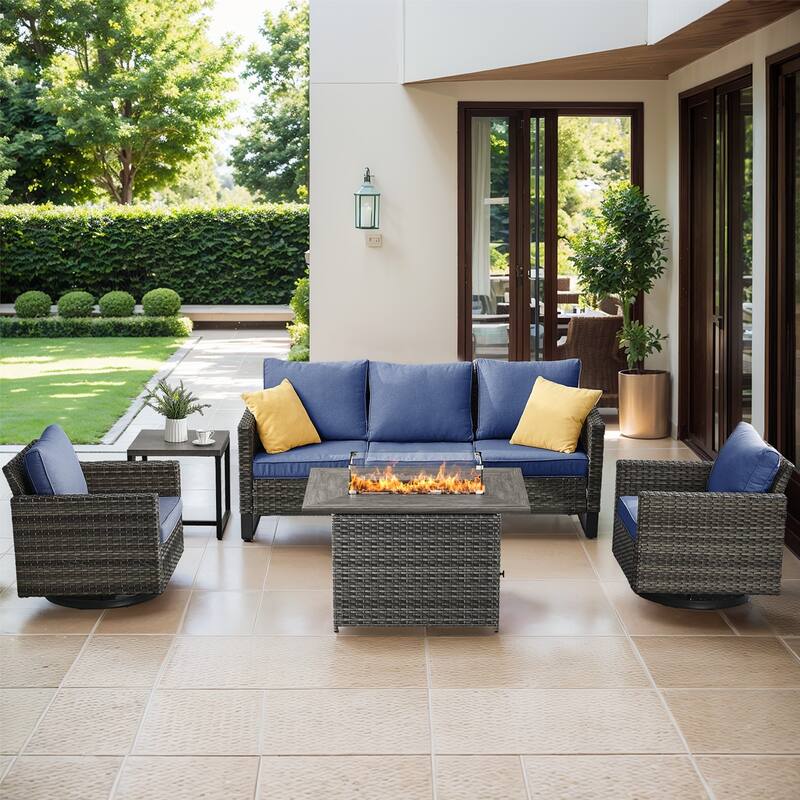 Outdoor Sofa Glider Chairs & Fire Table Grey-Blue - Grey - Grey - Blue
