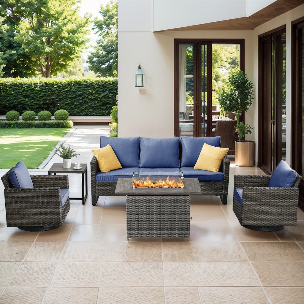 Outdoor Sofa Glider Chairs & Fire Table Grey-Blue - Grey