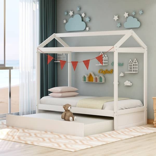 slide 2 of 9, Twin Size Wood House Bed with Twin Size Trundle and Roof White