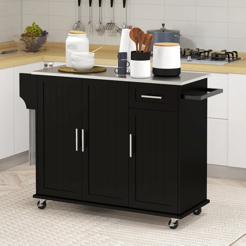 Rolling Kitchen Island on Wheels with Drawer, 3 Cabinets, Stainless Steel Countertop, Spice Rack and Towel Rack