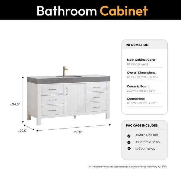 dimension image slide 3 of 8, Leon 60 in. Single Bathroom Vanity with Composite Stone Top