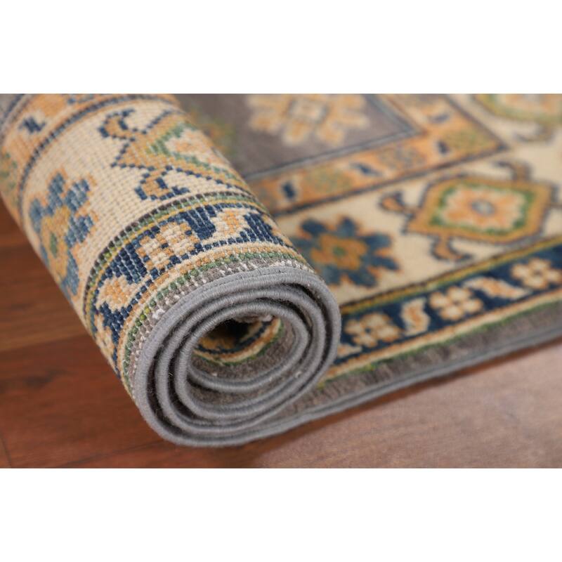 Gray Geometric Kazak Accent Rug Handmade Wool Carpet - 2'8" x 4'2"