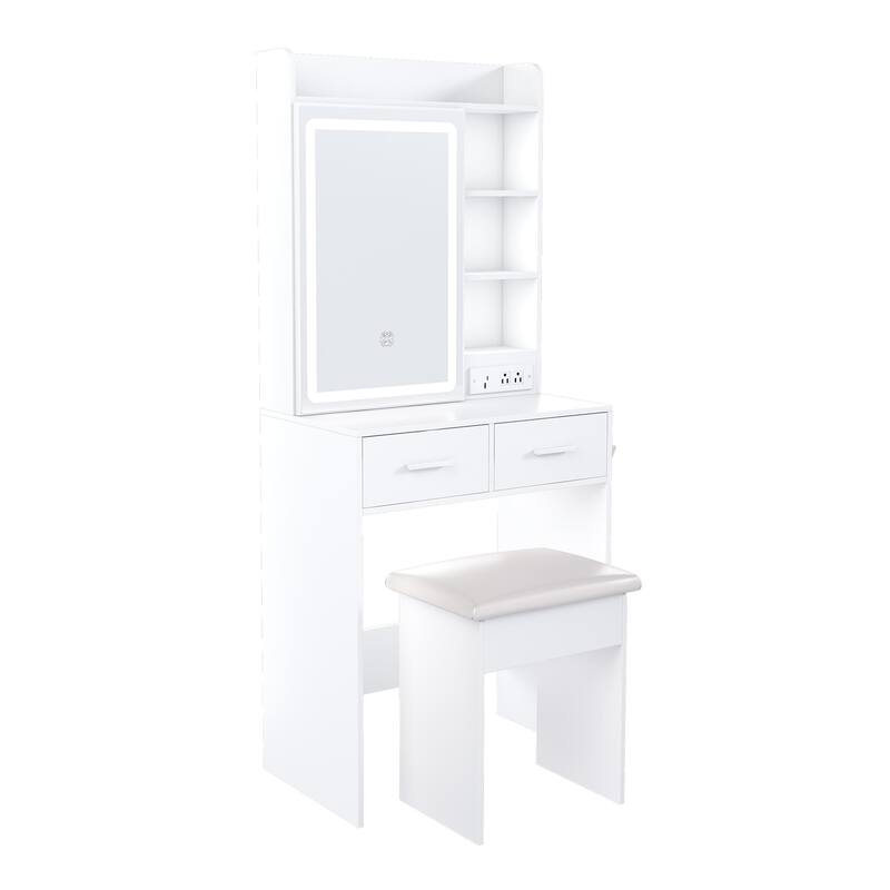 Small Makeup Vanity Desk with Mirror & Adjustable LED Lights, ,Built-in Power Outlet Vanity Table Set for Bedroom