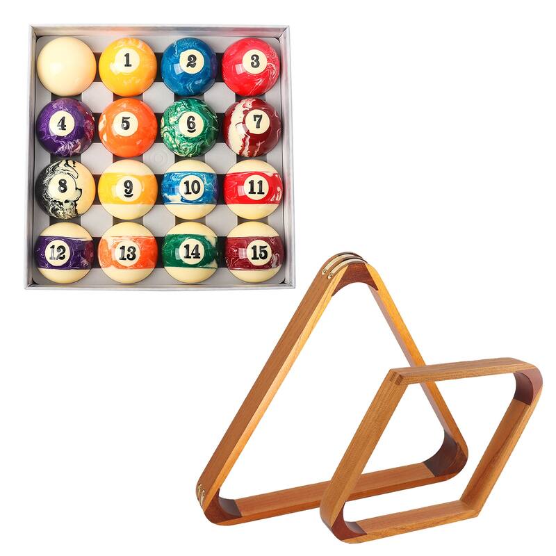 GSE™ 2-1/4"" Regulation Size Billiard/Pool Balls and 8-Ball Triangle & 9-Ball Diamond Rack Set - Billiard Accessory Kit - + Oak Racks - Marble Balls