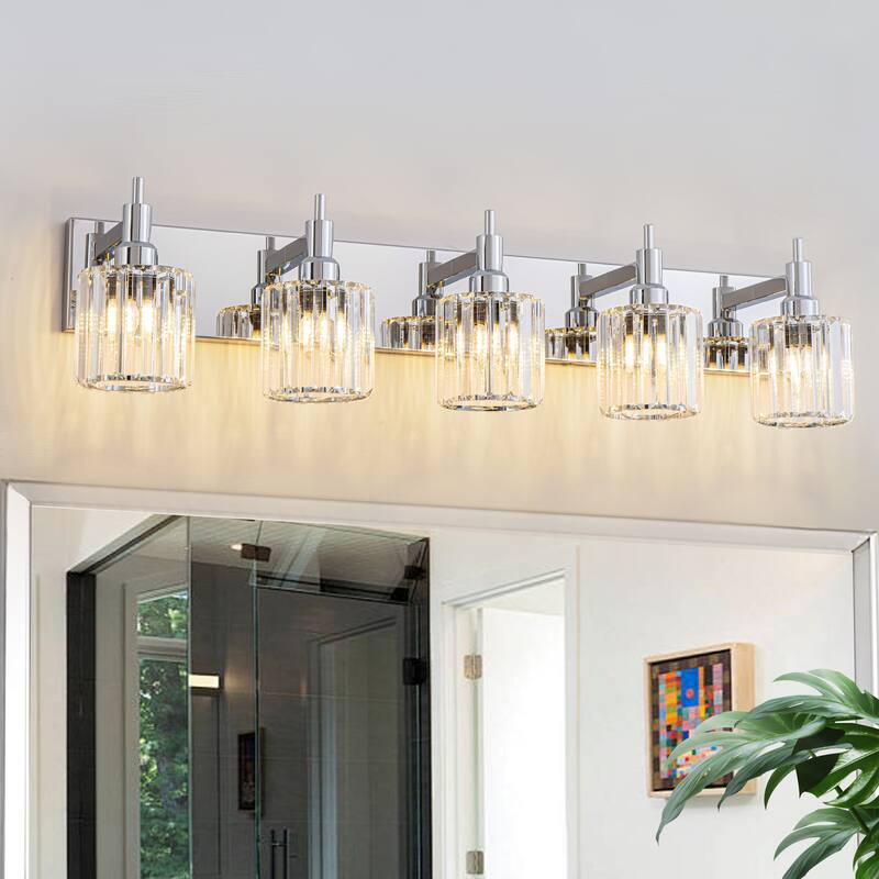 3/4/5-Light Modern Glam Dimmable Cylinder Crystal Wall Light Bathroom Vanity Light - 35.4 in. W 5-Light - Chrome
